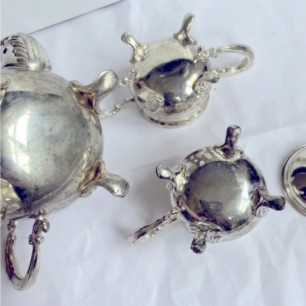 VTG Silver Plate Small 4 piece Coffee Set Teapot Creamer Sugar Bowls & Tray